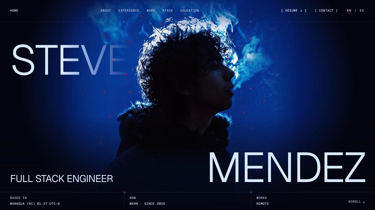 The home page of this site: the name STEVEN MENDEZ split around a portrait in cobalt blue and smoke, with a fact sheet along the bottom
