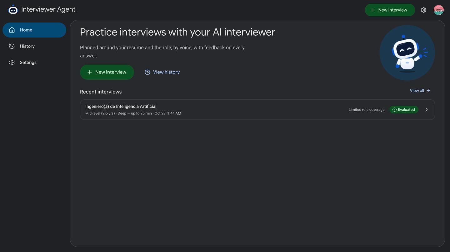 Interview Agent's home screen: a heading, a New interview button and the list of recent interviews