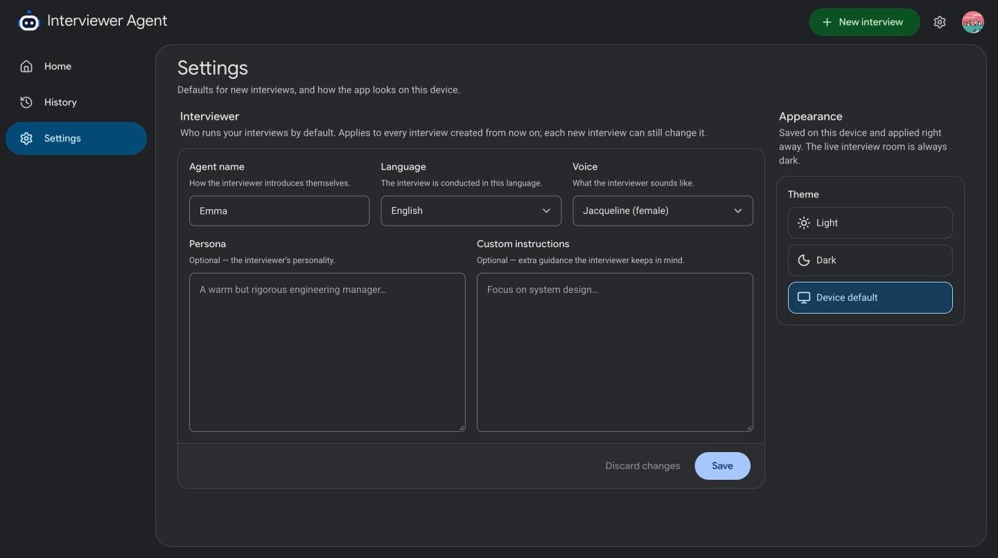 The Settings screen: fields for the interviewer's name, language, voice, persona and custom instructions, and a theme picker